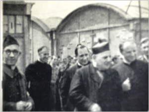 The religious figures involved in getting the “barbed wire seminary” off the ground. From left to right: Georges Le Meur; Wilhelm Delbeck, Stock’s main assistant at the seminary; Jean Rodhain (?); Angelo Roncalli, Vatican nuncio to France; Franz Stock. Source: H. Briand and Les Amis de Franz Stock; used with permission.