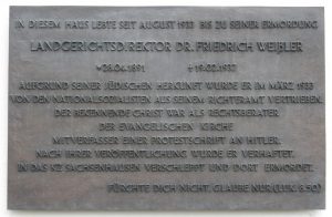 Memorial tablet to Dr. Friedrich Weissler, member of the Confessing Church murdered for his Jewish ancestry and participation in the 1936 Confessing Church protest memorandum to Hitler. Photo courtesy of Axel Ma